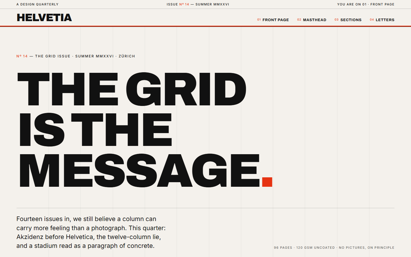 Helvetia — Swiss editorial magazine — ruthless grid, type as image, red accent strikes