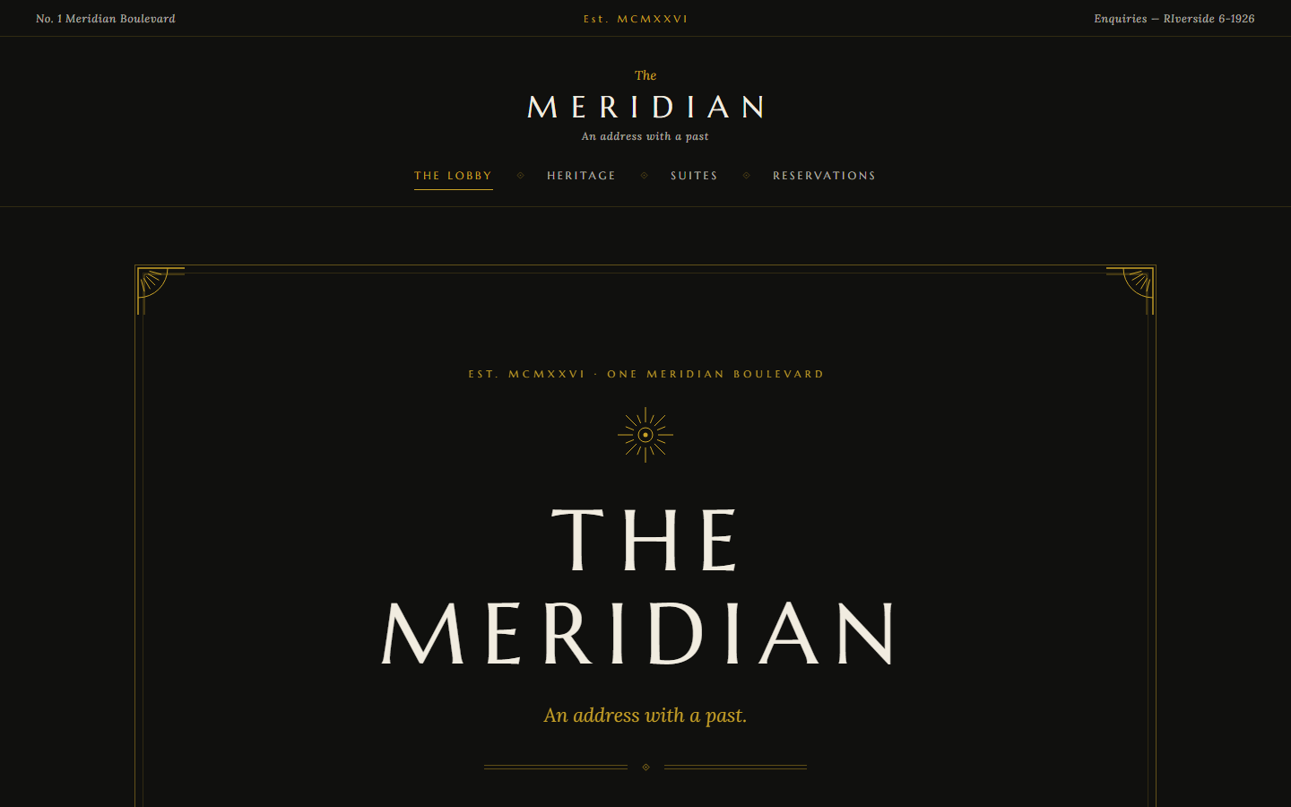 The Meridian — Art-deco hotel — symmetric gold geometry, fan motifs, plush midnight